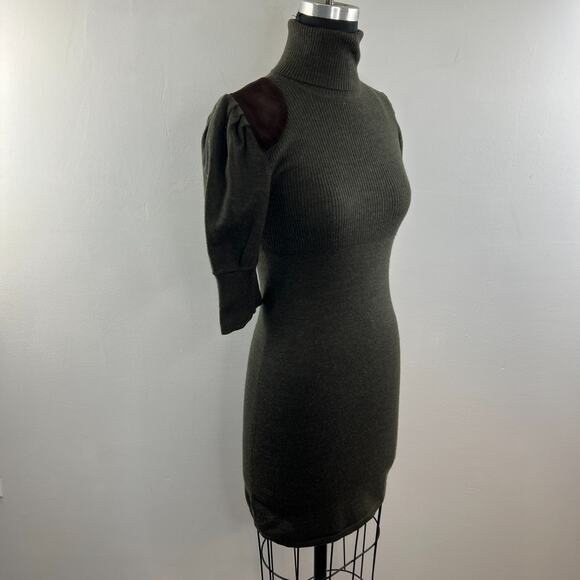 RUGBY Ralph Lauren Green Sweater Dress Suede Merino Wool Turtle Neck Sz Small S - Picture 5 of 9